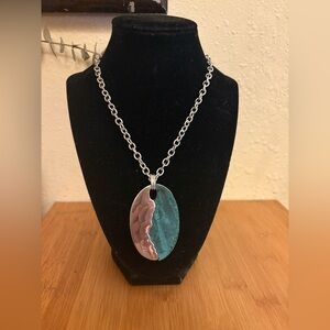 NEW ROBERT LEE MORRIS silver Tone Necklace Malachite Oval Pendant 21” + Extender